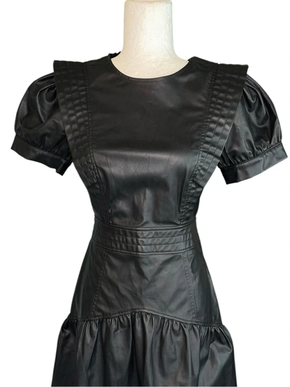 LN Zara Black Faux Leather Puff Sleeve Flared Mini Dress - XS